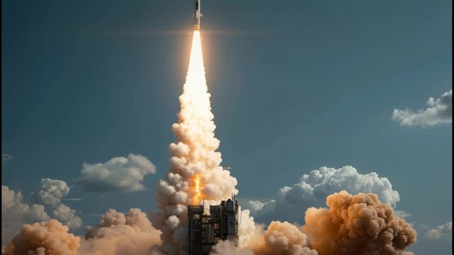 Rocket launch ascent with bright plume and billowing smoke clouds blue sky dramatic cloud backdrop