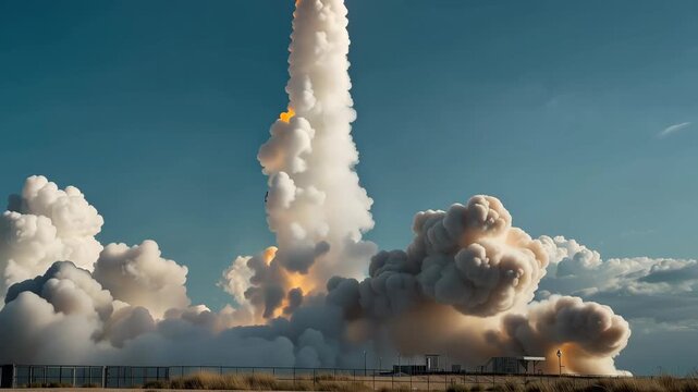 Rocket launch ascending into blue sky with dramatic smoke plume bright exhaust flame plume