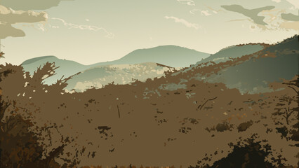 A stylized landscape depicts rolling hills and distant mountains © MihirKumarMondal