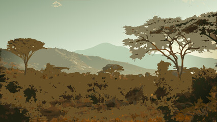 Stylized landscape depicting silhouetted trees and distant rolling hills © MihirKumarMondal
