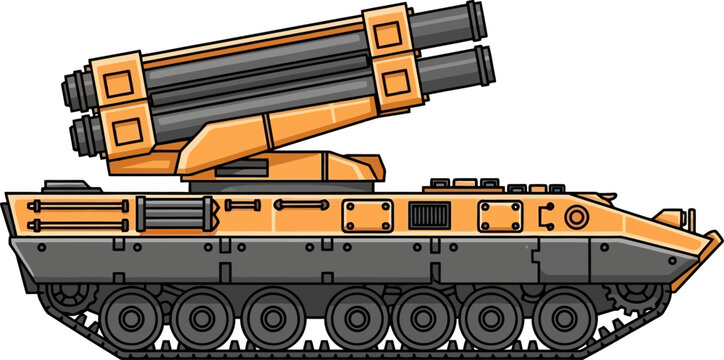 Tracked rocket artillery system in tan