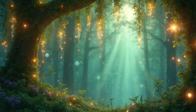 Enchanted forest with glowing fairy lights on trees and plants. Sunbeams pierce misty green woods. Magical woodland scene with flowers and dew drops.