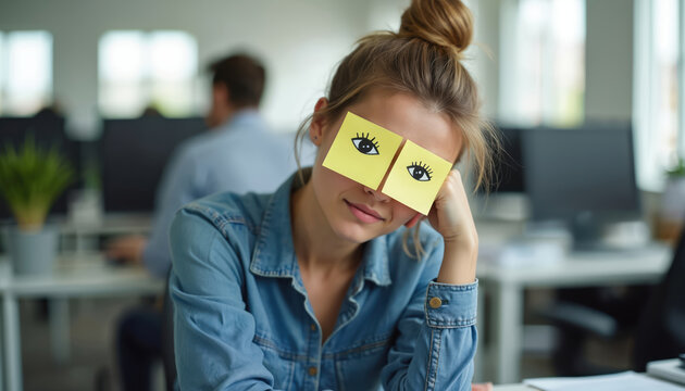 Tired woman with drawn eyes on sticky notes pretends to be awake at office desk. Employee feels burnout from work, needs sleep, and avoids work tasks. She uses humor for deadline stress.