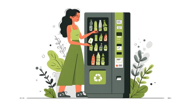 Woman choosing eco-friendly drinks from a modern vending machine with recycling symbol.