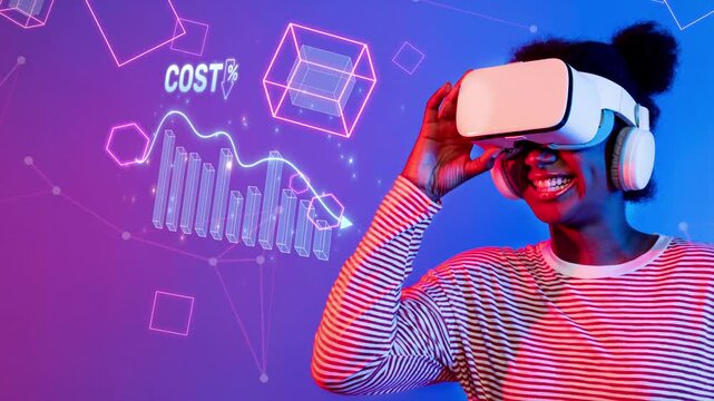 A joyful young woman interacts with virtual reality technology, wearing a VR headset. Vivid digital graphics showcase innovative concepts relevant to data and technology. Raster