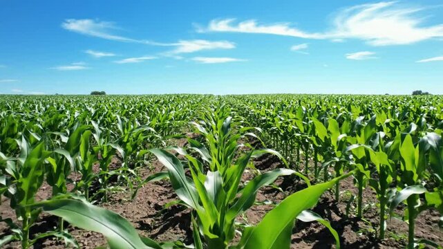 Lush green cornfield under a bright blue sky with wispy clouds during a sunny summer day