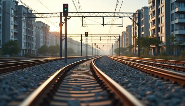 Perspective of train tracks near urban apartment buildings. Railway lines curve towards horizon with overhead power lines and signal lights. City rail infrastructure at dawn.