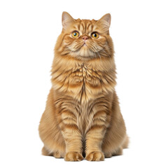 Fototapeta premium majestic adult ginger persian cat with luxurious orange fur, seated calmly and looking upwards in an ultra-realistic 3/4 studio shot on a transparent background, concept for pet advertising
