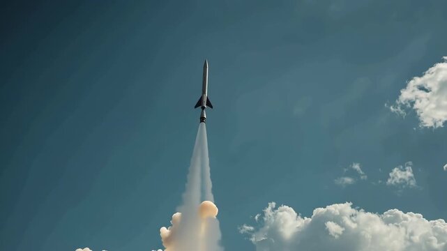 Rocket launch ascending from coastal launchpad into cloudy sky with dramatic smoke cloud