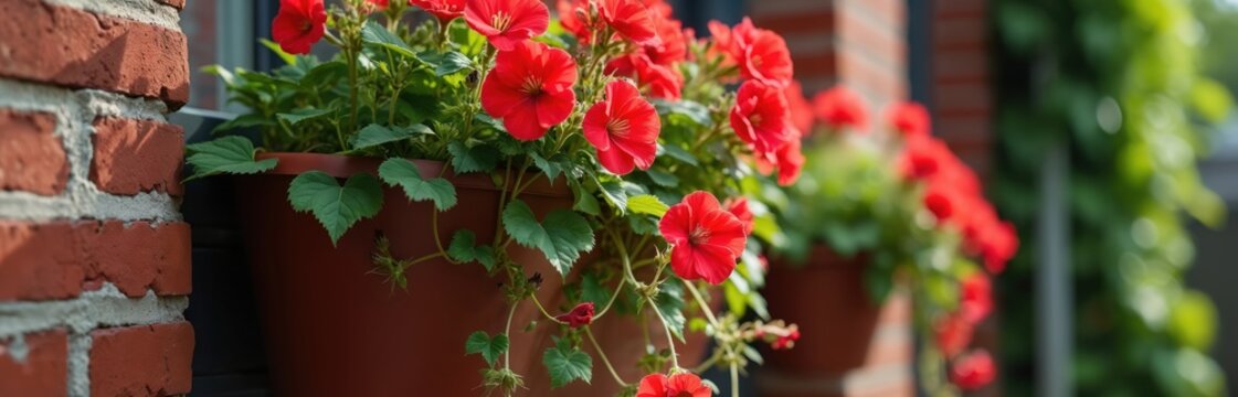 Red geraniums bloom in a brown hanging pot on a brick wall. Trailing plants create a rustic garden look, adding color to a home exterior. Green leaves contrast with vibrant red flowers.