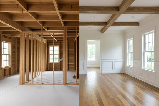 A split view of a room, highlighting the before and after of a renovation process
