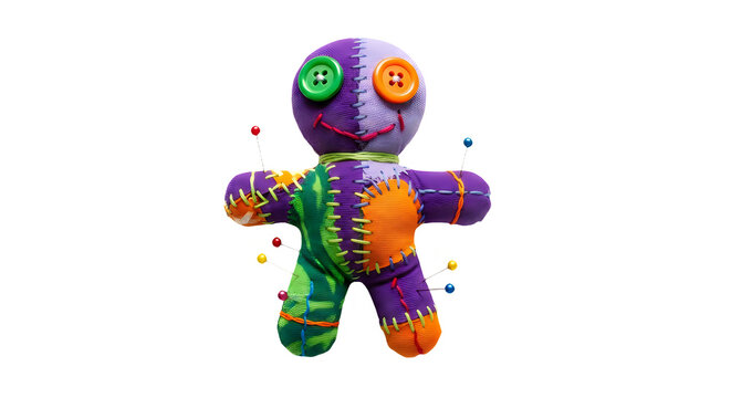 Colorful handmade voodoo doll toy with buttons and threads on transparent background