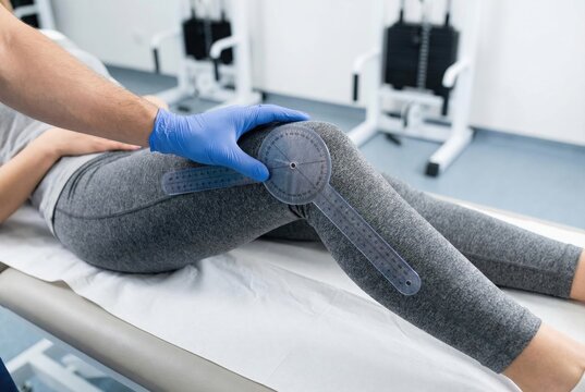 Physiotherapist using a goniometer to measure the range of motion of a patients knee joint