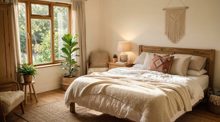 Fototapeta premium A comfortable bedroom showcasing a soft blanket, decorative cushion, and natural elements, enhanced by warm sunlight for relaxation.