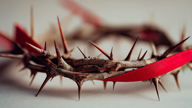 Crown of thorns with red ribbon on neutral background as powerful symbolic christian easter passion concept
