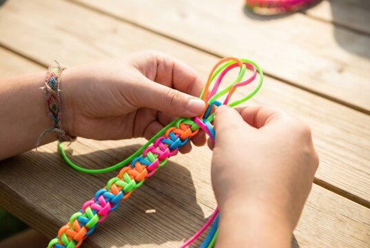 Close up of hands weaving a colorful neon scoubidou lanyard from plastic strings outdoors