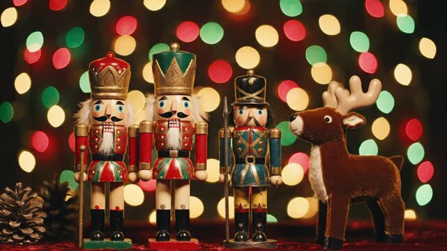 Festive Christmas Nutcrackers and Reindeer Decorations with Bokeh Background for Holiday Season Celebrations