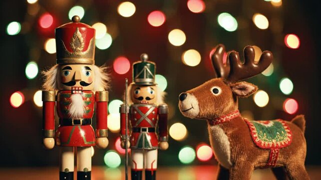 Festive Christmas scene with charming holiday figurines and colorful blurred lights in the background