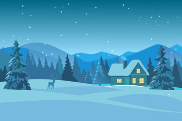 Fototapeta premium A cozy cabin sits nestled in a serene snow covered winter landscape