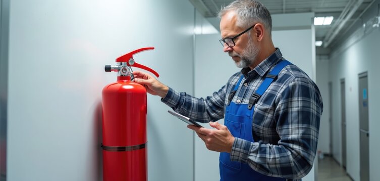 Man in blue overalls and plaid shirt inspects red fire extinguisher with tablet. Technician checks safety equipment in hallway. Professional maintenance and risk assessment service.