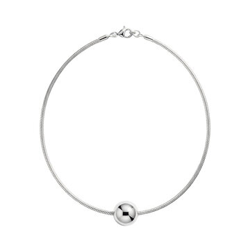 minimalist sterling silver snake chain necklace with a spherical bead pendant and visible clasp, laid flat on a transparent background under studio lighting, high-quality product photography concept