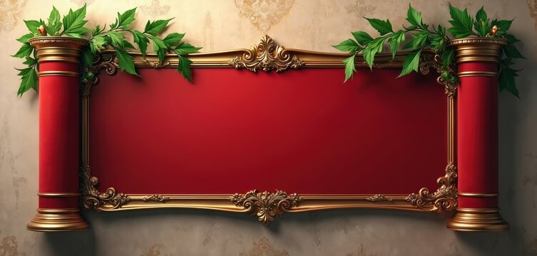 Ornate red scroll banner with gold trim and green leaves. Vintage background provides copy space. Decorative element ideal for announcements or invitations.