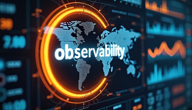Global data visualization shows system monitoring. Digital dashboard displays network traffic and performance metrics. Futuristic interface for tech analytics. Information about cyber security.