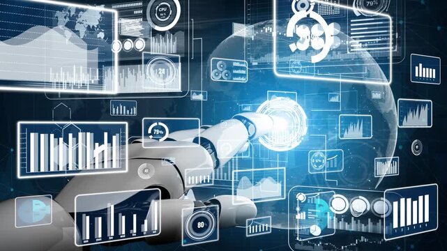 A futuristic robotic hand engages with a plethora of digital data, showcasing charts and information in a virtual setting, emphasizing the intersection of technology and innovation. Xenic