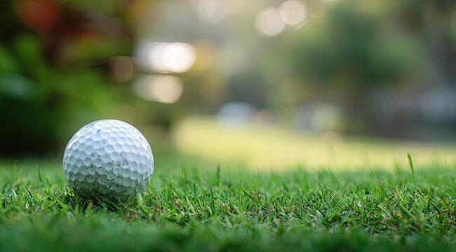 A golf ball sits nestled in green grass, bathed in sunlight on a course