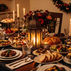 Naklejka premium A table set with plates of food and a lantern illustration