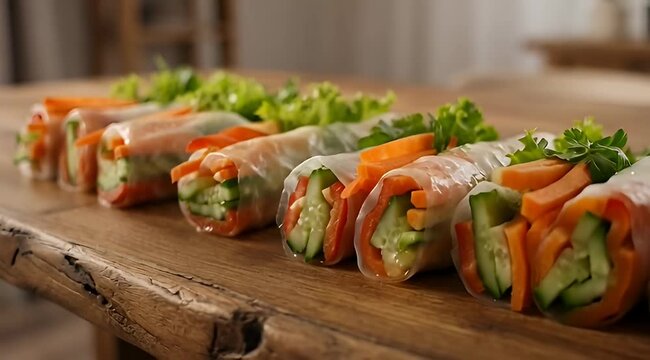 Premium Fresh Vietnamese spring rolls with vegetables and herbs on a rustic wooden table 4k