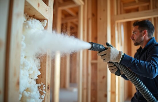 Construction worker fills wall cavity with blown-in insulation material using hose. Man installs thermal barrier for energy efficiency and home comfort.