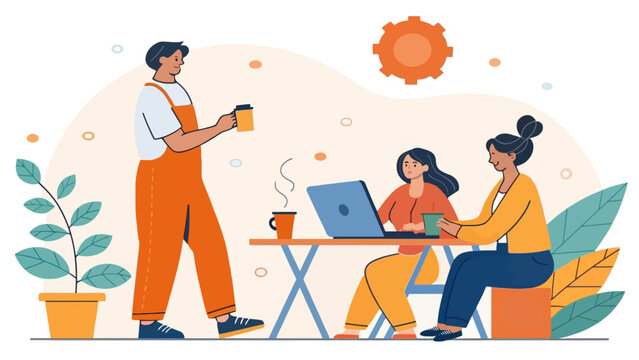 A group of young adults collaborating and socializing in a modern workspace with laptops and coffee