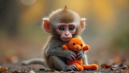 Fototapeta premium Small monkey baby sits alone holding orange plush toy. Its eyes look sad, showing loneliness and need for comfort. Concept of isolation and emotional need.