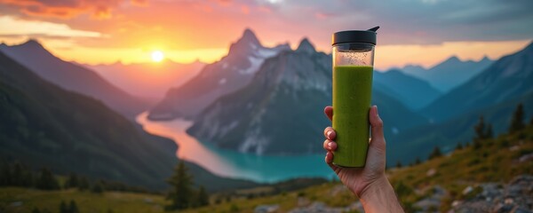 Hand holds green smoothie bottle overlooking mountain valley at sunset. Person enjoys healthy drink after hike. Scenic vista with lake reflects colorful sky and peaks.