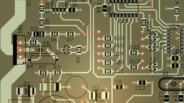 Video animation with printed circuit board of 
electronic device with conductors tracing, contact pads of radio elements on pcb. Engineering drawing. 
Computer technic cad design with animated effect.