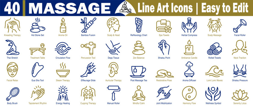 Massage line art icons set. Collection of forty line art massage and wellness therapy icons for easy editing vector illustration. 