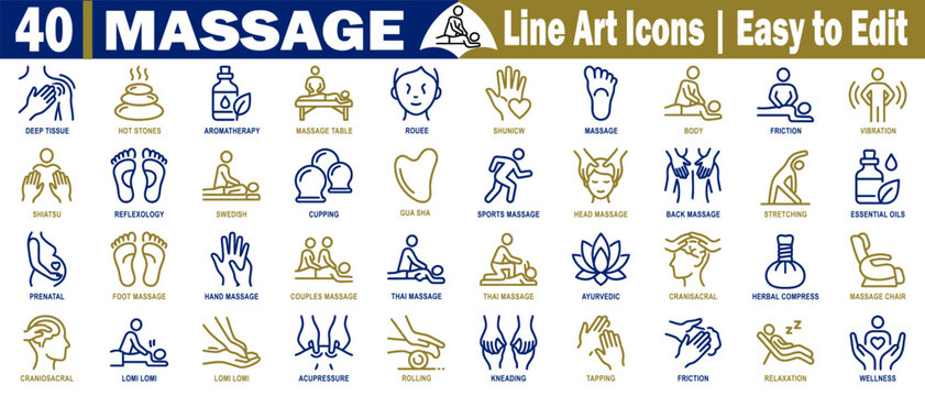 Massage line art icons set. Collection of forty line art icons depicting various massage techniques and therapies vector illustration. 