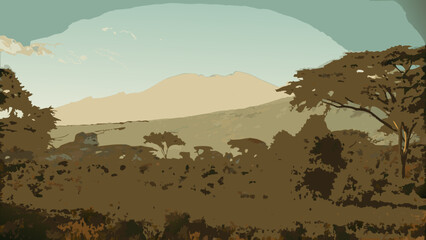 Stylized illustration of a mountain landscape with silhouetted trees © Songita