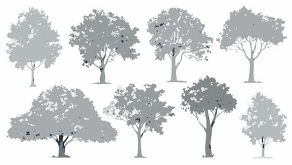 Collection of grayscale tree silhouettes against a plain white background © Songita