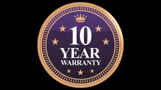 Animated 10 year warranty gold seal, premium decade guarantee motion graphic on transparent background.