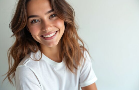 Young woman with brown wavy hair and white t-shirt smiles warmly into camera. Her eyes sparkle and dimples appear on cheeks. Natural studio lighting.