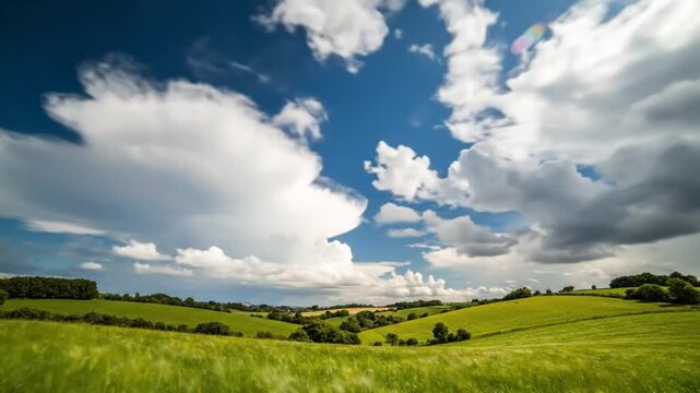 Time-lapse of vast green fields, rolling hills, lush trees, and vibrant blue skies with fluffy white clouds