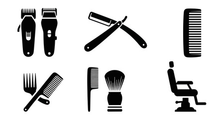 Fototapeta premium Barber Shop Tools Icons Silhouette: Clippers, Razor, Comb, Brush, Chair