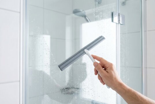 Person using a white silicone squeegee to wipe water drops off a wet glass shower cabin door in a bathroom