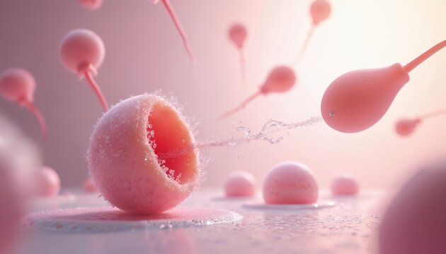 Sperm cells approach egg cell. Microscopic view shows fusion process initiating new life. Biological reproduction stages visualized in pink tones.
