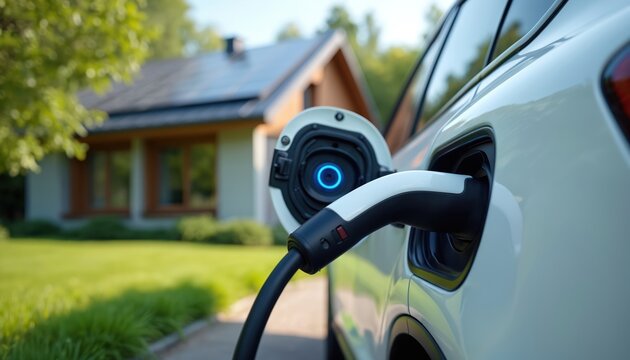 Electric car charges at home using solar energy. White SUV connects to charging cable in driveway. Sustainable power source for clean transportation.