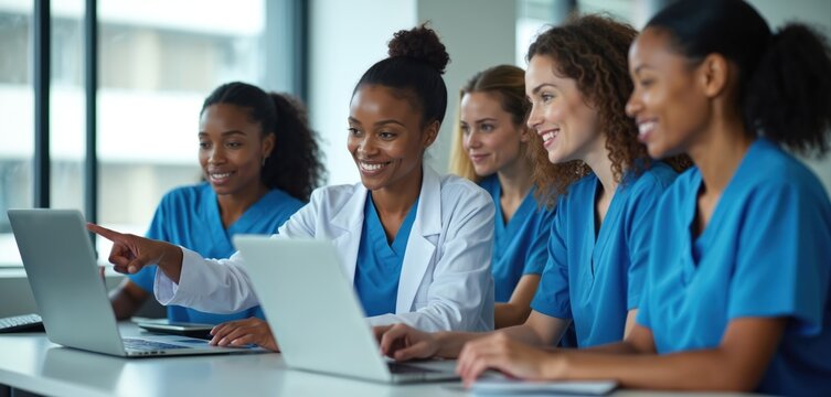 Diverse group of medical students in blue scrubs and one in lab coat learns from instructor using laptops in classroom. People collaborate on health care lesson.