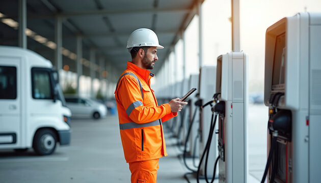 Male technician in hard hat and safety vest holds tablet near electric vehicle charging station. He monitors operations at an EV fleet depot with vans in background. Future mobility tech.