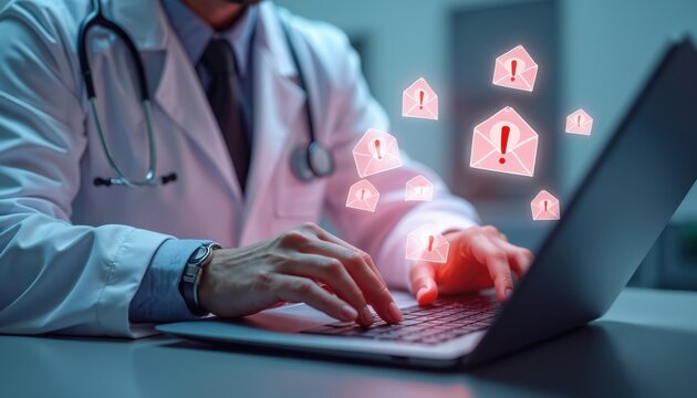 Doctor types on laptop receiving spam mail alerts. Medical professional worried about hospital cybersecurity threats and data breaches, online risk. Digital security threat.